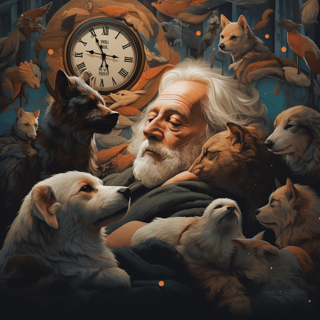 old man surrounded by animals wioth a clock