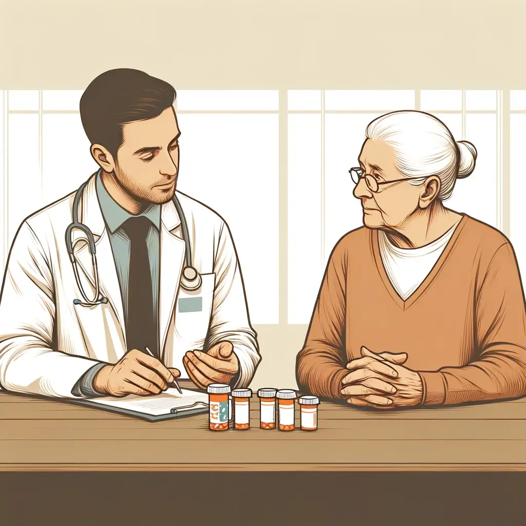 Docoter talkeing with an elderly person with pill bottles sitting on a table